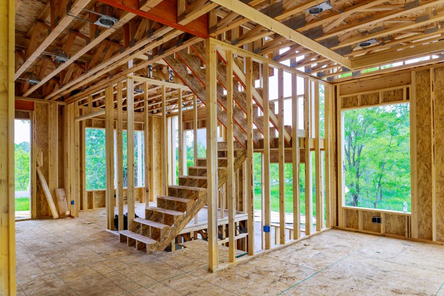 House in American beams the view of interior residential home of frame under construction